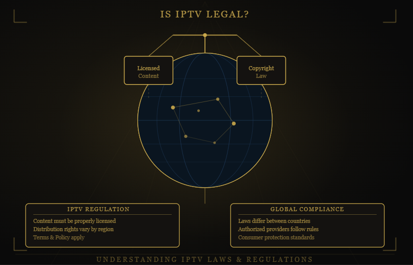 Honey Bee IPTV  IPTV legality infographic explaining licensed content, copyright laws, streaming regulations, legal IPTV services, and consumer compliance requirements.