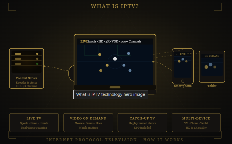 What is Honey Bee IPTV IPTV infographic showing live TV, VOD, catch-up TV, multi-device streaming, and the key features of internet-based television services.
