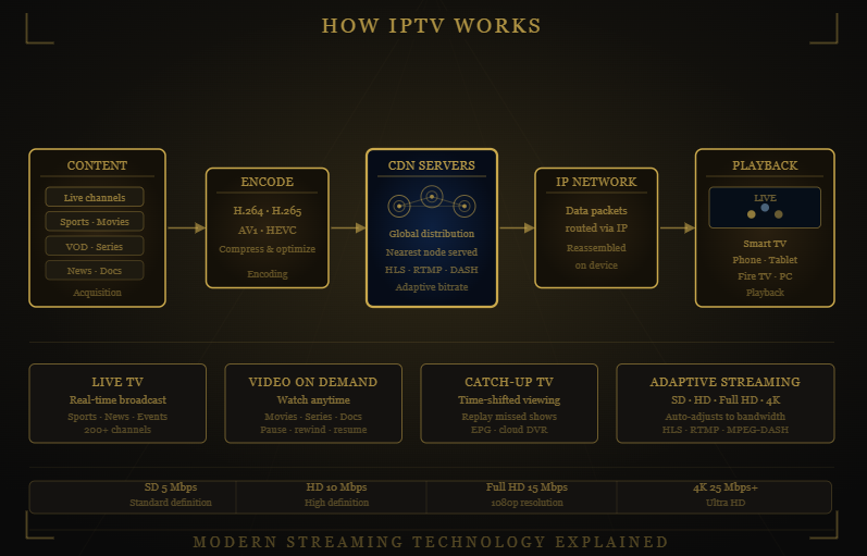 Diagram explaining how Honey Bee IPTV IPTV delivers live TV and on-demand content over the internet.